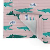 later gator // green alligators on a striped pink background