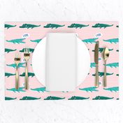 later gator // green alligators on a striped pink background