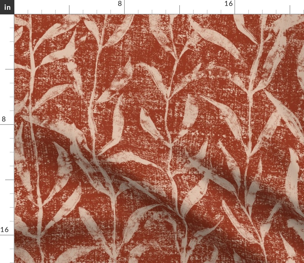 Grass Cloth with leaves in Rust and Fawn