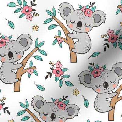 Dreamy Koala on Tree and Flowers White