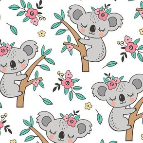 Dreamy Koala on Tree and Flowers White