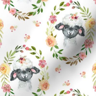 Country Floral Sheep – Girls Bedding Blanket, Pink Peach Blush Flower Wreath