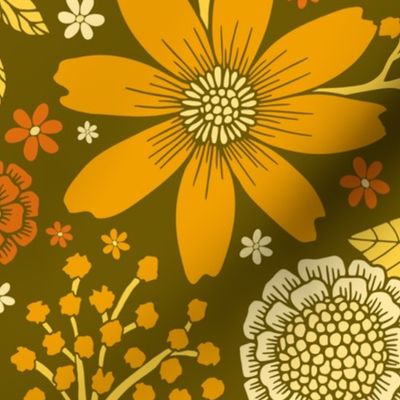 1970s Retro Flowers Pattern in Yellow, Orange & Olive Green