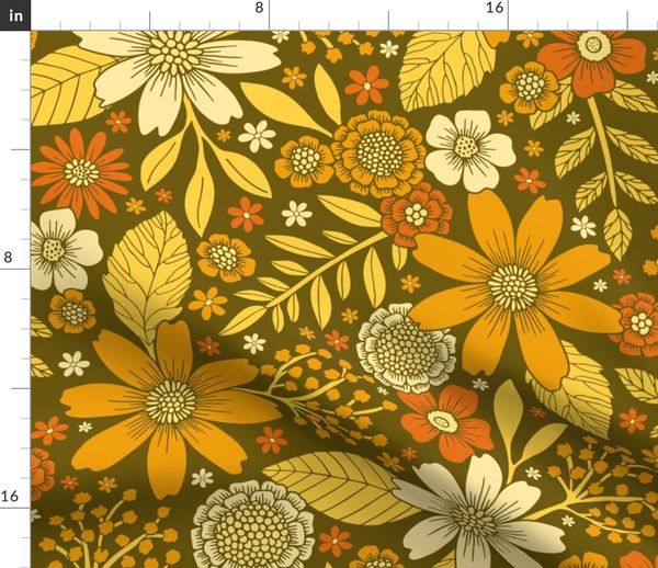Fabric 1970s Retro Flowers Pattern in Yellow, Orange & Olive Green