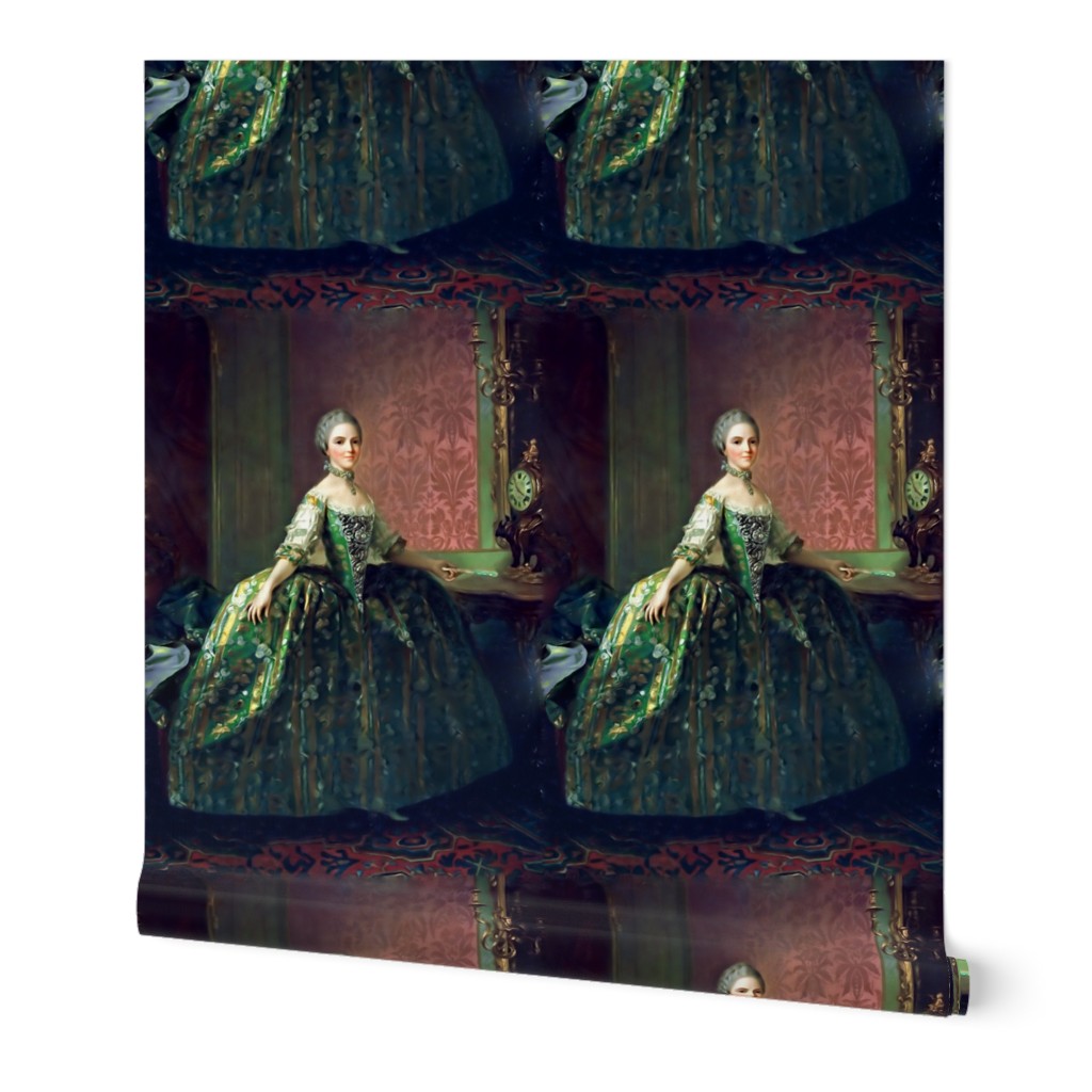 floral brocade embroidery baroque queen princess Marie Antoinette inspired pompadour baroque rococo royal portraits gowns dress green yellow stripes clock castle palace ballgown clock fans lace room Victorian lolita egl pouf 18th century historical beauti