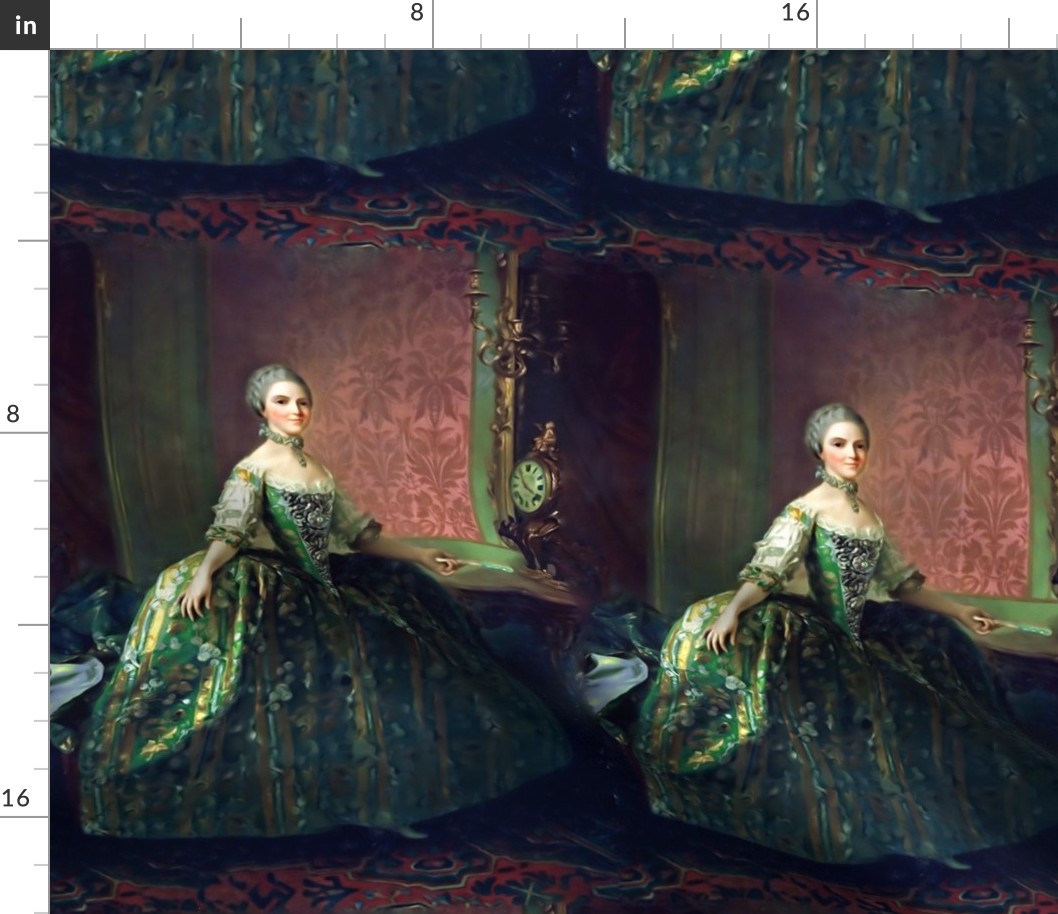 floral brocade embroidery baroque queen princess Marie Antoinette inspired pompadour baroque rococo royal portraits gowns dress green yellow stripes clock castle palace ballgown clock fans lace room Victorian lolita egl pouf 18th century historical beauti
