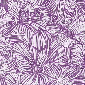 lilies in mauve line work on linen