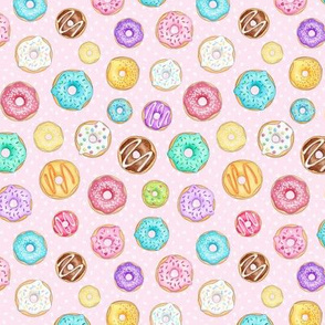 Scattered Rainbow Donuts on pale pink spotty - small scale