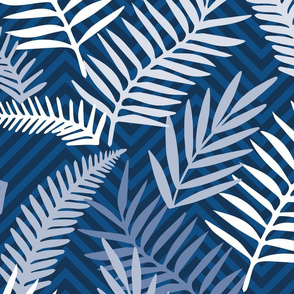 blue and white palm leaves on chevron | large jumbo scale