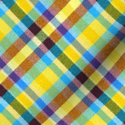 Fuzzy Look Madras Plaid in Blue Brown and Yellow