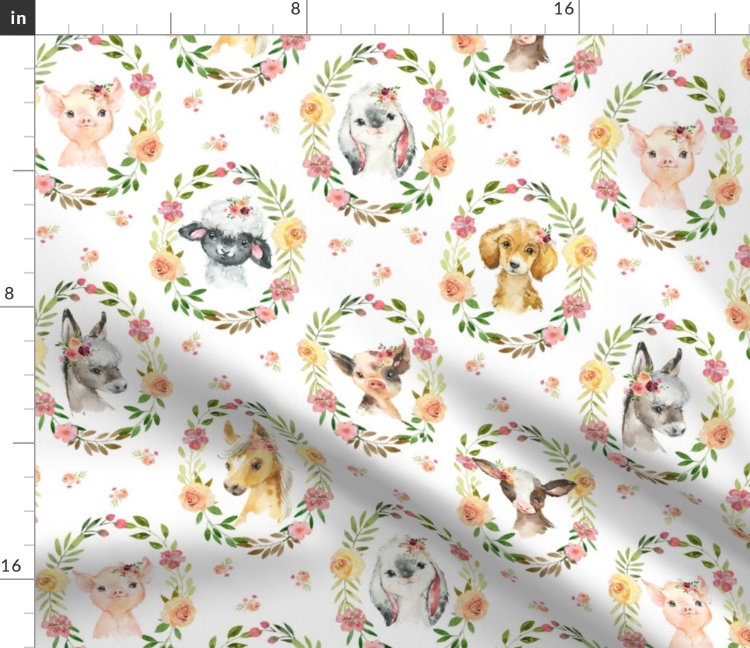 XL Country Floral Farm Animals– Girls Bedding Blanket, Pink Peach Blush Flower Wreath