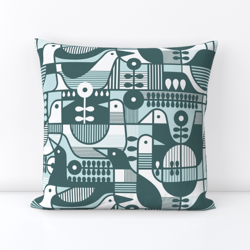 Pine and Mint Birds Throw Pillow - Geometric Mid Century Modern