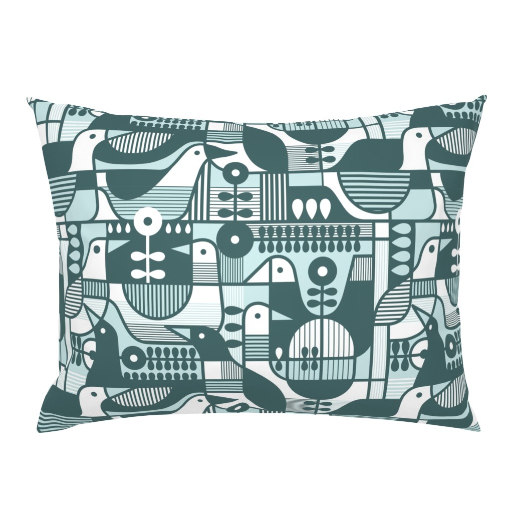 Pine and Mint Birds Throw Pillow - Geometric Mid Century Modern