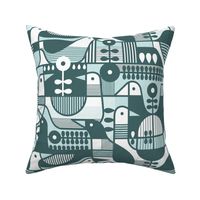 Pine and Mint Birds Throw Pillow - Geometric Mid Century Modern