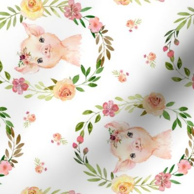Country Floral Pink Pig– Girls Bedding Blanket, Pink Peach Blush Flower Wreath, ROTATED