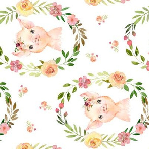 Country Floral Pink Pig– Girls Bedding Blanket, Pink Peach Blush Flower Wreath, ROTATED