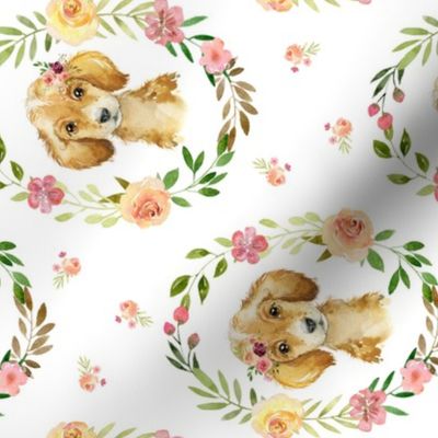 Country Floral Puppy – Girls Bedding Blanket, Pink Peach Blush Flower Wreath, ROTATED