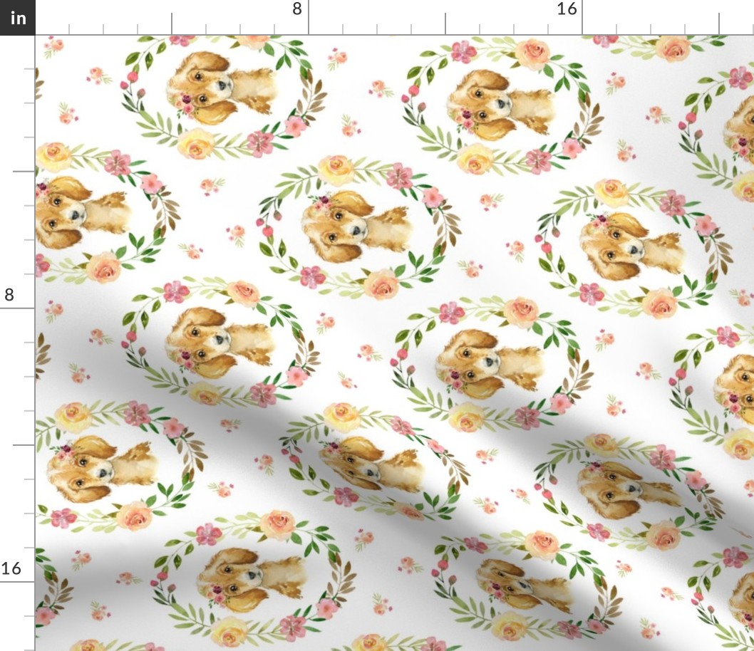 Country Floral Puppy – Girls Bedding Blanket, Pink Peach Blush Flower Wreath, ROTATED