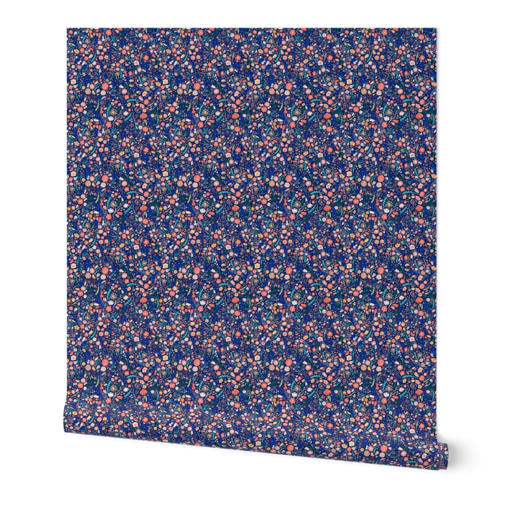 Small Navy + Royal Floral Garden Ditsy // © ZirkusDesign Micro Modern Quilt // Small Scale Flowers + Field Botanicals // spring flowers, buds, branches, blue, orange, yellow, cream, blush, green, dots, classic