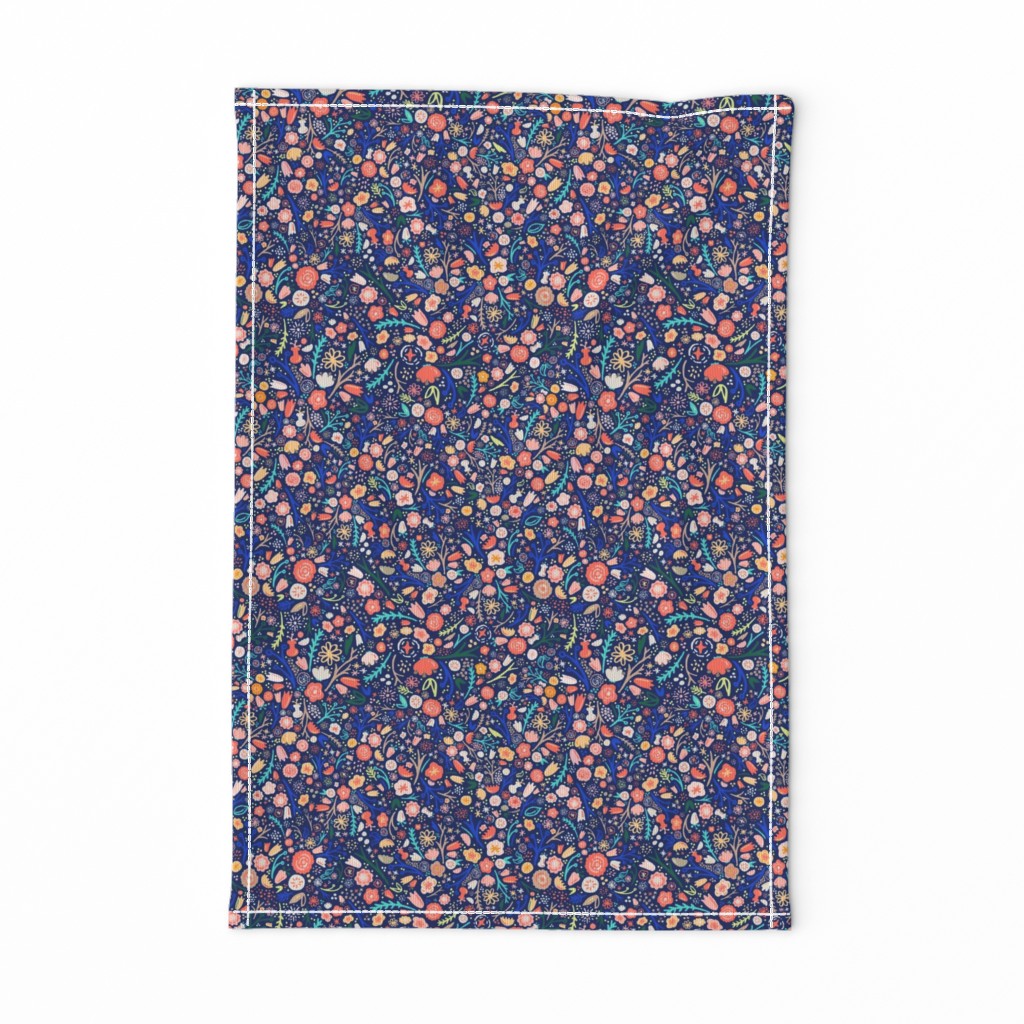 Small Navy + Royal Floral Garden Ditsy // © ZirkusDesign Micro Modern Quilt // Small Scale Flowers + Field Botanicals // spring flowers, buds, branches, blue, orange, yellow, cream, blush, green, dots, classic