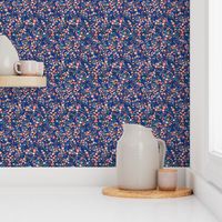 Small Navy + Royal Floral Garden Ditsy // © ZirkusDesign Micro Modern Quilt // Small Scale Flowers + Field Botanicals // spring flowers, buds, branches, blue, orange, yellow, cream, blush, green, dots, classic