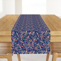 Small Navy + Royal Floral Garden Ditsy // © ZirkusDesign Micro Modern Quilt // Small Scale Flowers + Field Botanicals // spring flowers, buds, branches, blue, orange, yellow, cream, blush, green, dots, classic