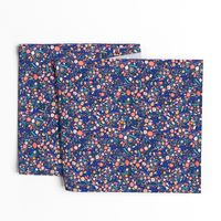 Small Navy + Royal Floral Garden Ditsy // © ZirkusDesign Micro Modern Quilt // Small Scale Flowers + Field Botanicals // spring flowers, buds, branches, blue, orange, yellow, cream, blush, green, dots, classic