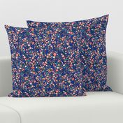 Small Navy + Royal Floral Garden Ditsy // © ZirkusDesign Micro Modern Quilt // Small Scale Flowers + Field Botanicals // spring flowers, buds, branches, blue, orange, yellow, cream, blush, green, dots, classic