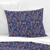 Small Navy + Royal Floral Garden Ditsy // © ZirkusDesign Micro Modern Quilt // Small Scale Flowers + Field Botanicals // spring flowers, buds, branches, blue, orange, yellow, cream, blush, green, dots, classic