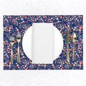 Small Navy + Royal Floral Garden Ditsy // © ZirkusDesign Micro Modern Quilt // Small Scale Flowers + Field Botanicals // spring flowers, buds, branches, blue, orange, yellow, cream, blush, green, dots, classic