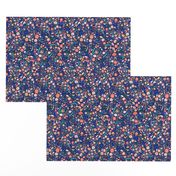 Small Navy + Royal Floral Garden Ditsy // © ZirkusDesign Micro Modern Quilt // Small Scale Flowers + Field Botanicals // spring flowers, buds, branches, blue, orange, yellow, cream, blush, green, dots, classic