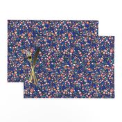 Small Navy + Royal Floral Garden Ditsy // © ZirkusDesign Micro Modern Quilt // Small Scale Flowers + Field Botanicals // spring flowers, buds, branches, blue, orange, yellow, cream, blush, green, dots, classic