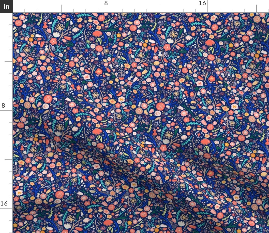 Small Navy + Royal Floral Garden Ditsy // © ZirkusDesign Micro Modern Quilt // Small Scale Flowers + Field Botanicals // spring flowers, buds, branches, blue, orange, yellow, cream, blush, green, dots, classic