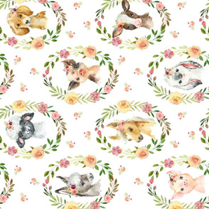 XL Country Floral Farm Animals– Girls Bedding Blanket, Pink Peach Blush Flower Wreath, ROTATED