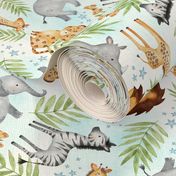 Jungle Animals (blue wash) - Kids Safari Animal Nursery Bedding, Lion Elephant Giraffe Zebra Rhino Cheetah, SMALLER scale