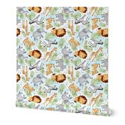 Jungle Animals (blue wash) - Kids Safari Animal Nursery Bedding, Lion Elephant Giraffe Zebra Rhino Cheetah, SMALLER scale