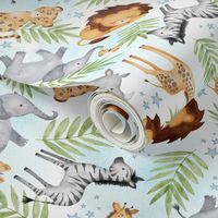 Jungle Animals (blue wash) - Kids Safari Animal Nursery Bedding, Lion Elephant Giraffe Zebra Rhino Cheetah, SMALLER scale