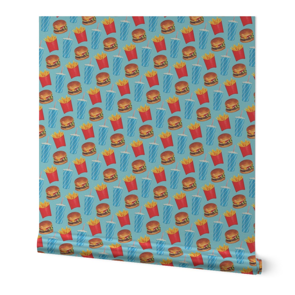 Burger, Soda & Fries Pattern - Blue