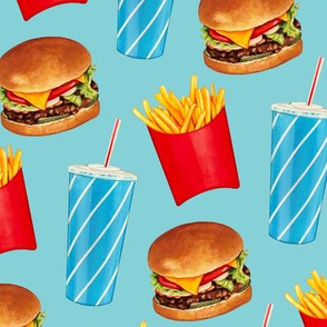 Burger, Soda & Fries Pattern - Blue