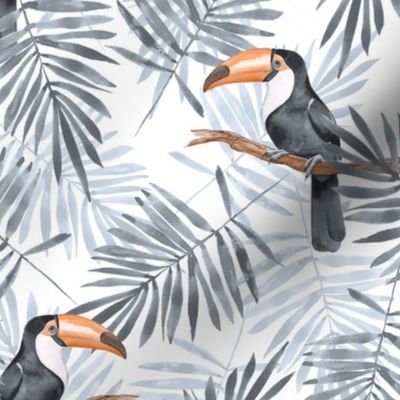 Palm leaves and Toucan. Gray