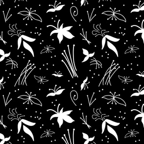 Sophisticated Floral - white on black, small 