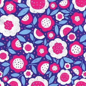 Ditsy Modern Floral in bright blue, pink and white - small scale 