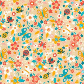 Ditsy Bugs and Butterflies Floral on Tan