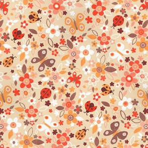 Ditsy Bugs and Butterflies Floral in Neutrals with Red