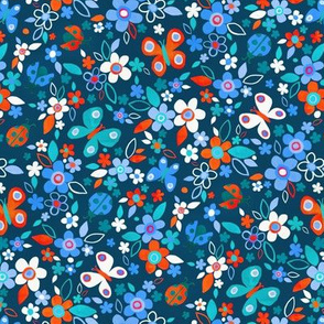 Ditsy Bugs and Butterflies Floral - Red Blue and White