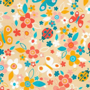Ditsy Bugs and Butterflies Floral on Tan - large
