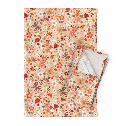 Ditsy Bugs and Butterflies Floral in Neutrals with Red - large