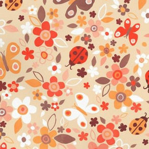 Ditsy Bugs and Butterflies Floral in Neutrals with Red - large
