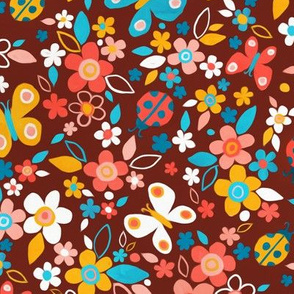 Ditsy Bugs and Butterflies Floral in Retro Colors - large