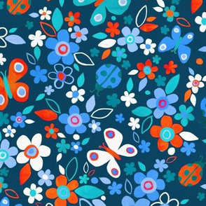 Ditsy Bugs and Butterflies Floral - Red Blue and White - large